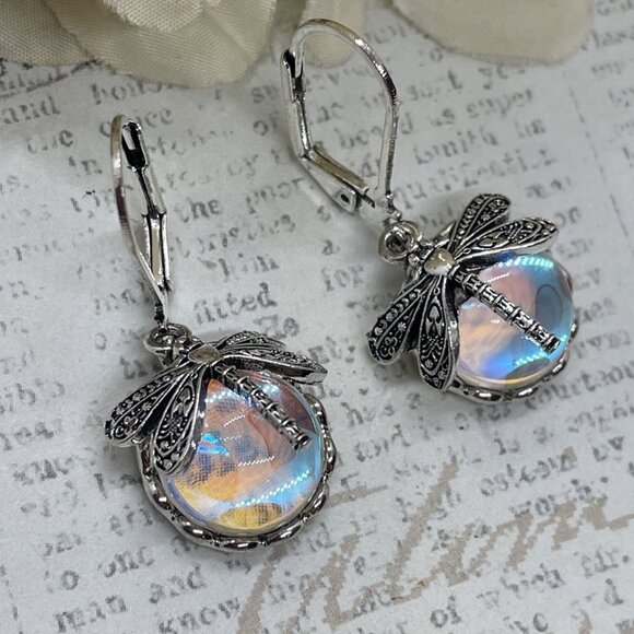 Silver plate Iridescent Dragonfly Wire Opal Earrings Fall Gift Mom Birthday Wife - Picture 4 of 16